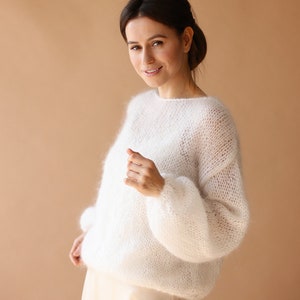 Mohairpullover Hochzeitspullover Weiße Wolljacke Brautpullover Weißer Strickpullover Weißer Brautshrug Bild 7