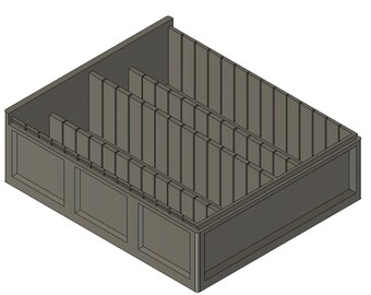 May include: A gray wooden storage box with multiple dividers for organizing small items. The box has a hinged lid and is made of wood.