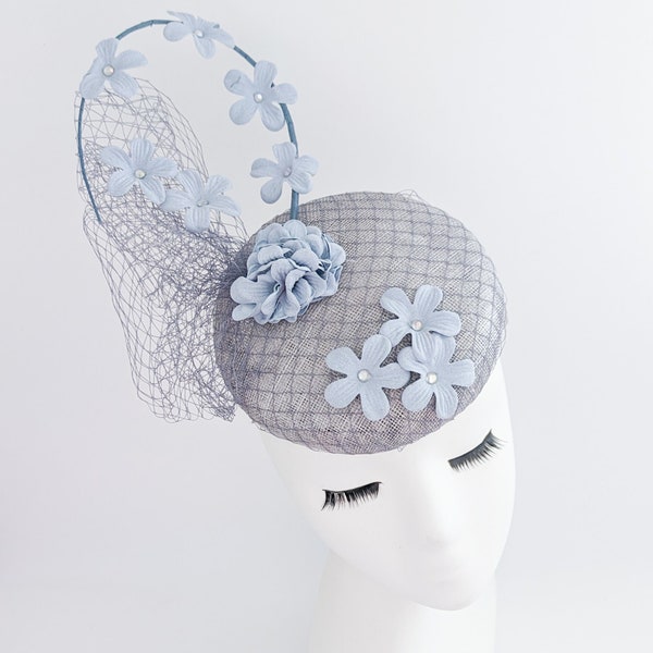 Light Dusty Blue Flower Veil Fascinator, Wedding Hat, Races Hair Accessories