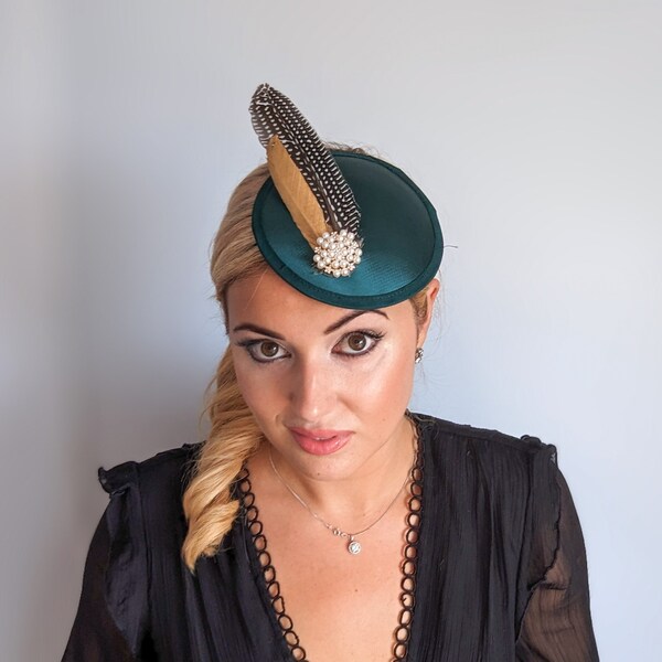 Bottle Green Pheasant Feather Fascinator, Small Satin Wedding Hat, Races Hair Accessories