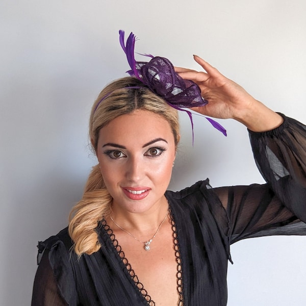 Aubergine Cadbury Purple Feather Fascinator, Small Wedding Hat, Races Hair Accessories