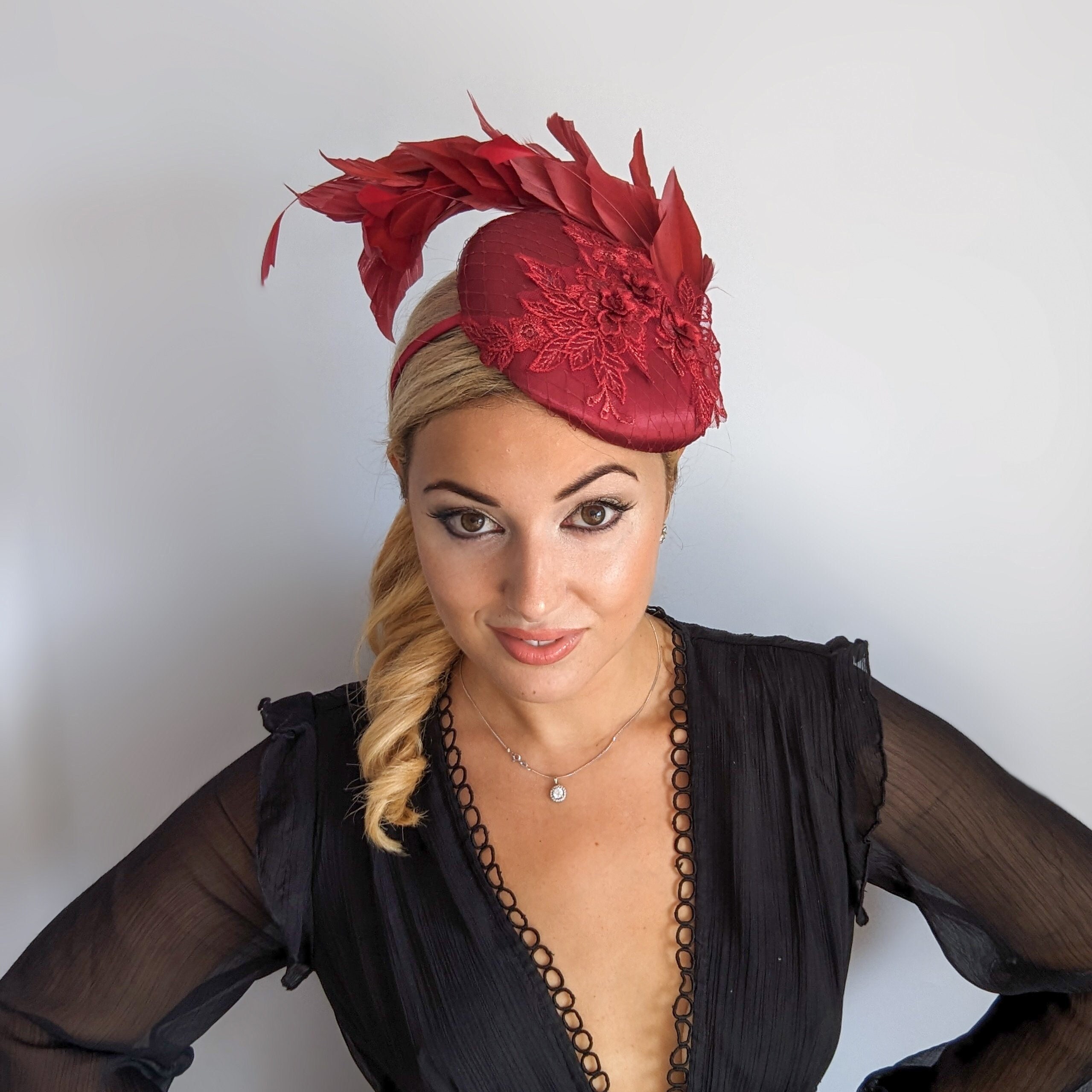 Burgundy Feather & White Lace Fascinator Headpiece Rose Gold and Ivory Kentucky Derby Hat Clip | Wedding Hair  main image 3