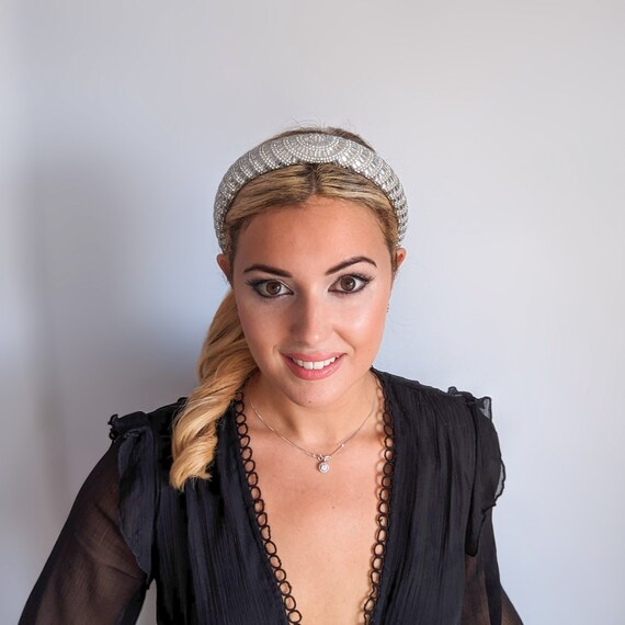 Silver Crystal Beaded Padded Headband, Wedding Headpiece  display picture 2