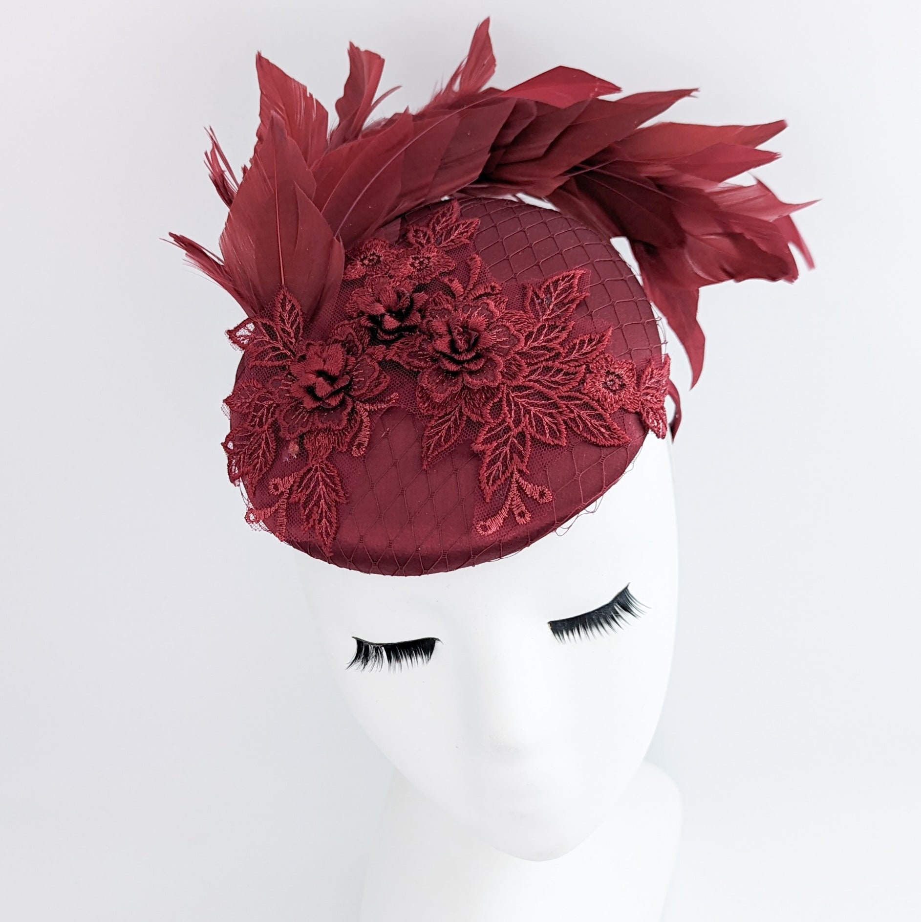 Burgundy Feather & White Lace Fascinator Headpiece Rose Gold and Ivory Kentucky Derby Hat Clip | Wedding Hair  main image 2