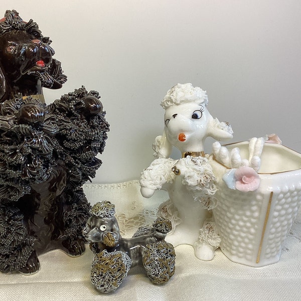 Choice of vintage spaghetti poodles: black firehouse dog; white poodle with flowers or gray poodle. Textured surface. Hand painted details.