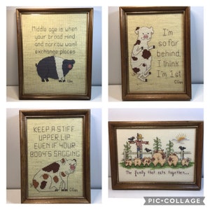 Choice of 4 Completed & framed sassy pig cross stitch. Adorably stitched pigs that saying lazy inspirational phrases. Perfect country decor!