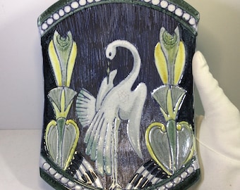 RARE - Beautiful Tilgman’s Keramik Sweden handmade ceramic 1950’s swan bowl curved plate.  Repaired corner. Chip on back. Beautiful design.