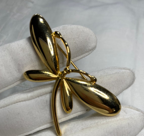 Beautiful gold tone dragonfly brooch with mirror … - image 1