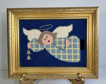 Framed Sleeping Angel Cross Stitch, 9x7 Inch Gold Frame, Metallic Accents