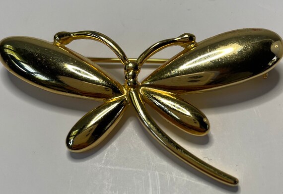 Beautiful gold tone dragonfly brooch with mirror … - image 10