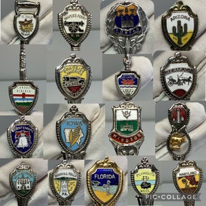 Choice of cloisonne enamel vintage souvenir silver tone, silver plate or sterling spoons for US, Canada, Bermuda, Windsor, Scotland and more
