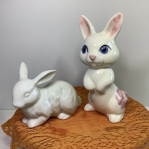 Vintage Hand Painted Ceramic Rabbit Figurine: Floral Spring Decor