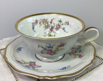 Vintage small Rosenthal Bahnhof Selb Chippendale Colorful Floral Tea Cup & Saucer with Gold details Germany (US Zone).