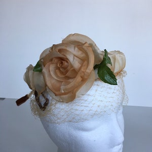 1950s Floral Veil Hat: Beige Brown Flower Derby Hat
