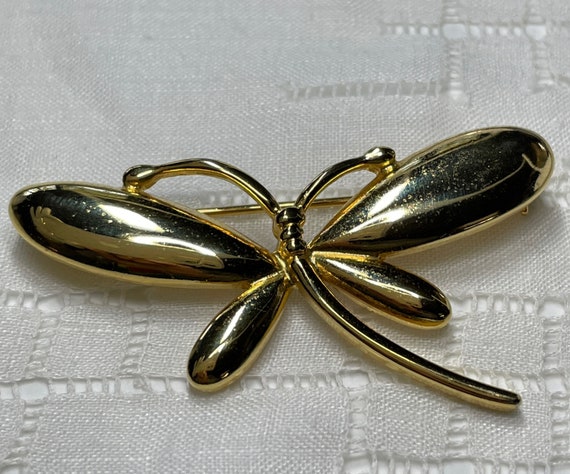 Beautiful gold tone dragonfly brooch with mirror … - image 2