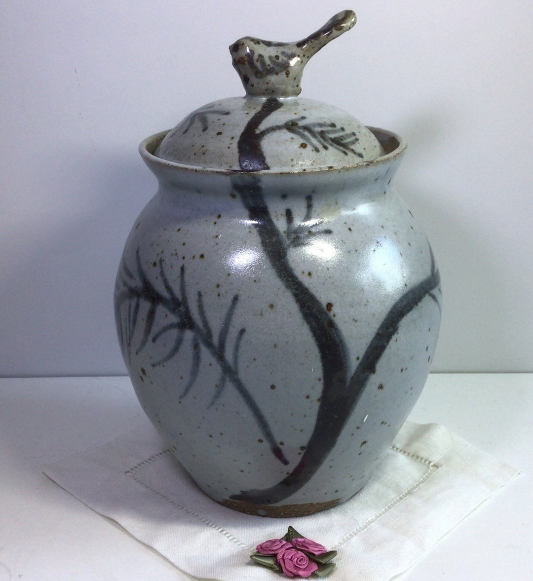 Unique Handmade Studio Pottery Biscuit Jar Urn With Bird on Branch