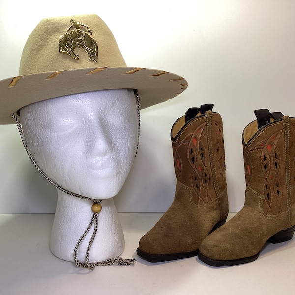 Vintage 1960’s Child’s Cowgirl Suede Boots (size 11)  and child’s Cowboy Hat. Great Vintage Condition.