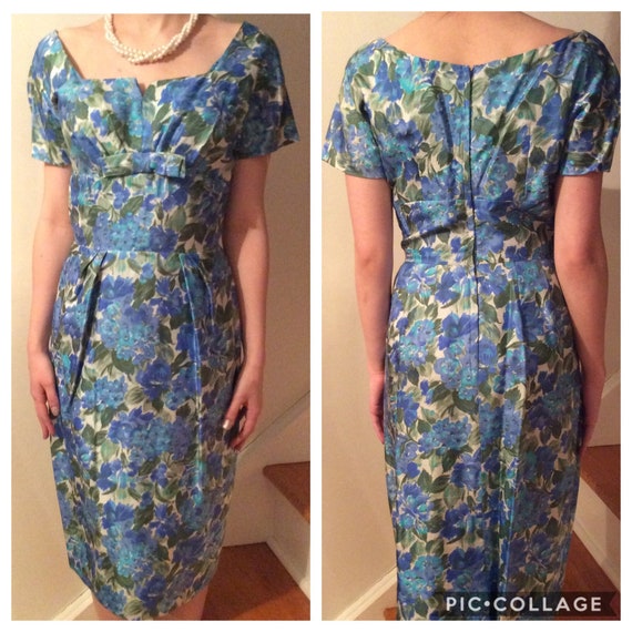 1950s floral cocktail dress; blue and green floral