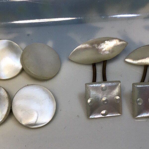 Choice of two 1920s mother of pearl button style cuff links; MOP; genuine mother of pearl cufflinks; great condition; hand carved details