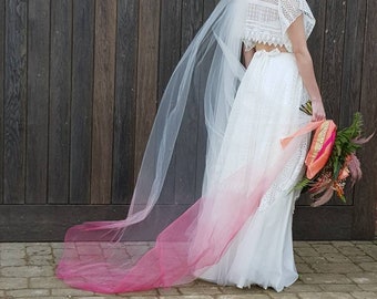 Ivory base colour Ombre simplistic style Wedding Veil White Ombre Hand Dyed Rose Water 1 Tier Blusher Veil 2 Tier Elbow Veil