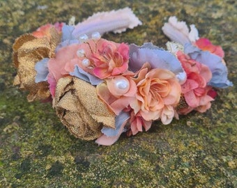 Pastel and gold boho floral headband, bridal boho headband,  Pastel floral tiara,  gold and Pastel silk bridal headband,pink blue gold tiara