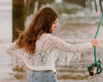 Lace jacket with fringing- boho lace jacket- denim style ivory lace jacket- size 8-10- bridal jacket- boho jacket- fringed jacket -lace coat