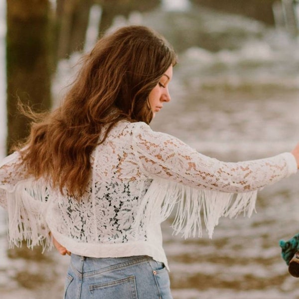 Lace jacket with fringing- boho lace jacket- denim style ivory lace jacket- size 8-10- bridal jacket- boho jacket- fringed jacket -lace coat