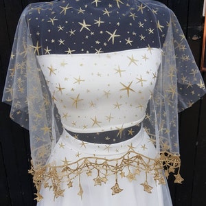 Ivory and gold stars bridal top- stars bridal topper- celestial bridal seperates- stars lace top- gold stars shrug- bridal cover up-