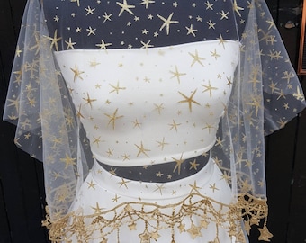 Ivory and gold stars bridal top- stars bridal topper- celestial bridal seperates- stars lace top- gold stars shrug- bridal cover up-