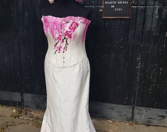 Pink dip dye hem wedding dress- size 16 wedding dress- alternative wedding dress- floral wedding dress- ombre hem - ombre wedding dress