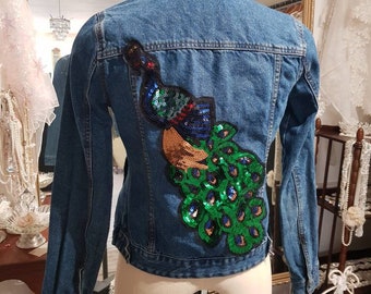 Size 6- size xs- denim jacket-embellished denim jacket- peacock applique denim jacket- sequin peacock denim jacket