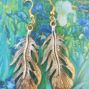 Boho earrings earrings made from recycled vintage beads feather earrings gold tone boho feather earrings ideal gift ethical gift image 1