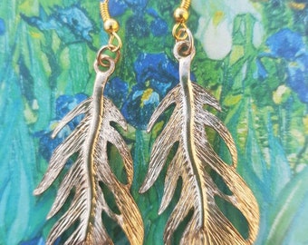 Boho earrings- earrings made from recycled vintage beads- feather earrings- gold tone boho feather earrings- ideal gift- ethical gift