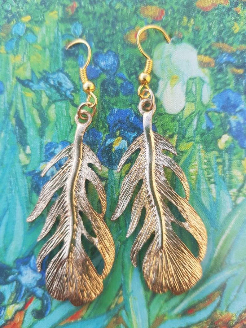 Boho earrings earrings made from recycled vintage beads feather earrings gold tone boho feather earrings ideal gift ethical gift image 1