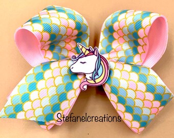 Jojo Siwa inspired bow, large pink and mermaid design bow, with unicorn and alligator clip for girls hair