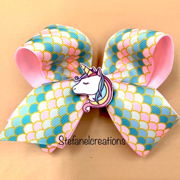 Jojo Siwa inspired bow, large pink and mermaid design bow, with unicorn and alligator clip for girls hair