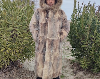 L-XL / Opossum fur hooded coat for men