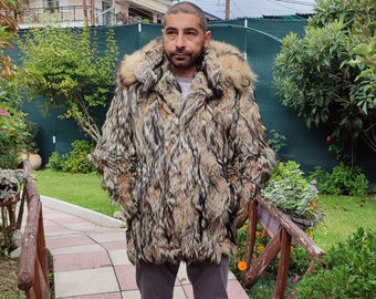 L / Coyote fur for men with hood