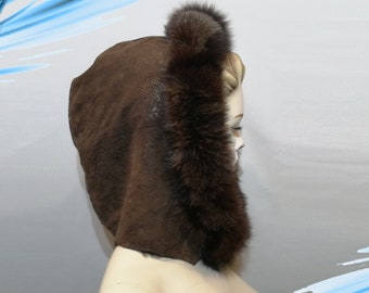 Brown real fur and leather hood