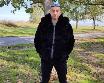 L / Men fur rex rabbit, black