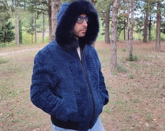 L / Blue hooded shearling sheepskin men jacket