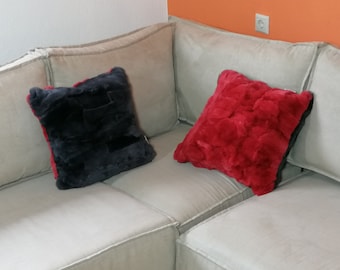 Set of 2 real fur pillow cases rex rabbit,red-blue navy