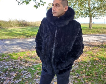 XL / Men fur rex rabbit, hooded black