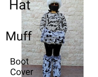 Rex rabbit muff, leg warmers, hat chinchilla color