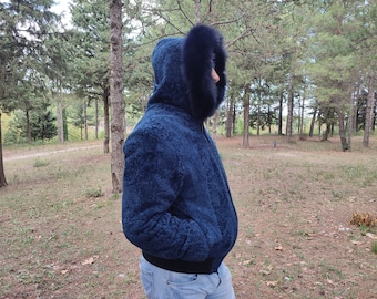 L / Blue hooded shearling sheepskin men jacket