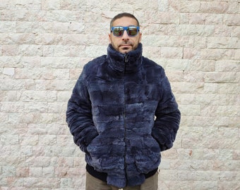 L / Men fur coat blue rex rabbit