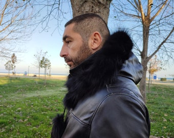 Black leather and fur hood