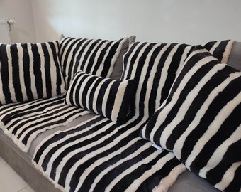 Set of black and white sheepskin throw / carpet and pillow cases