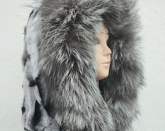 Black - chinchilla look rex rabbit hood with silverfox