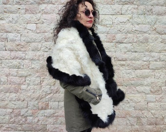 White lamb fur shawl with black fox